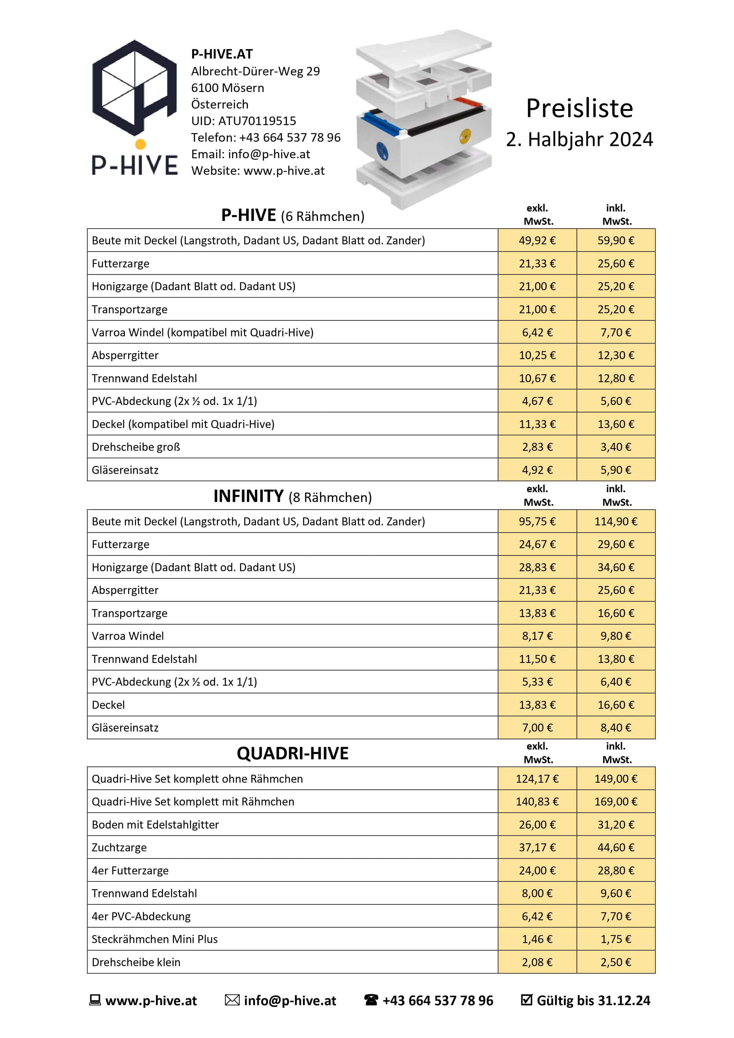 P-Hive Quadri Hive Infinity Preisliste